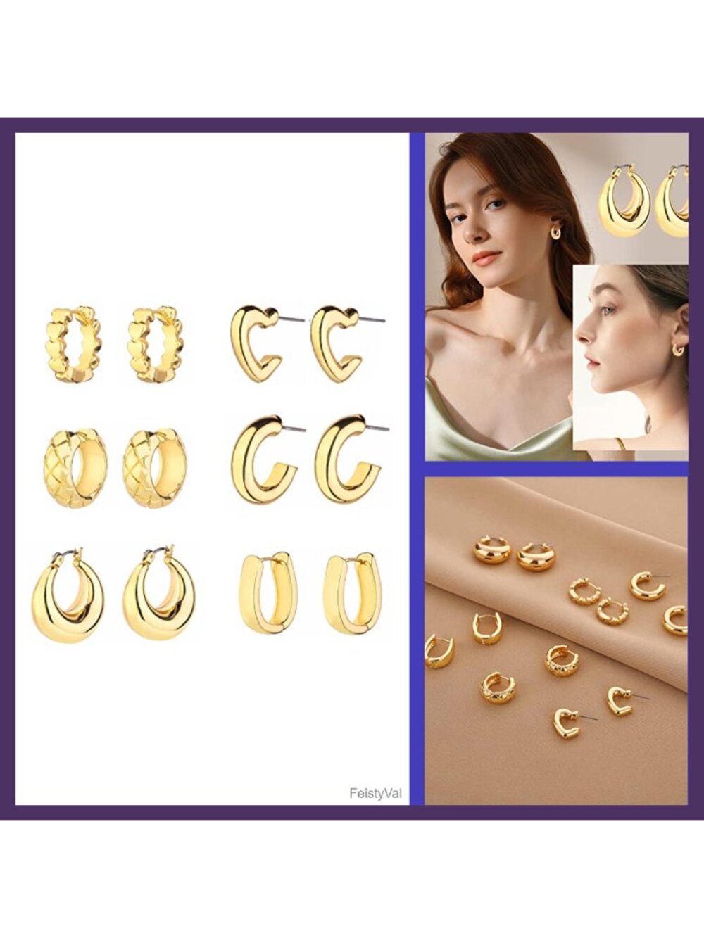 14K Gold Plated Chunky Hoop Earrings Set Hypoallergenic Huggie